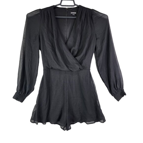 Women's Black Express Romper Long Sleeve Wrap V Neck 100% Polyester Size XS - Picture 1 of 14